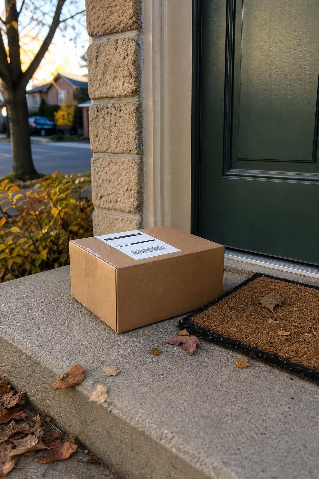 A parcel on a front step beside a green door