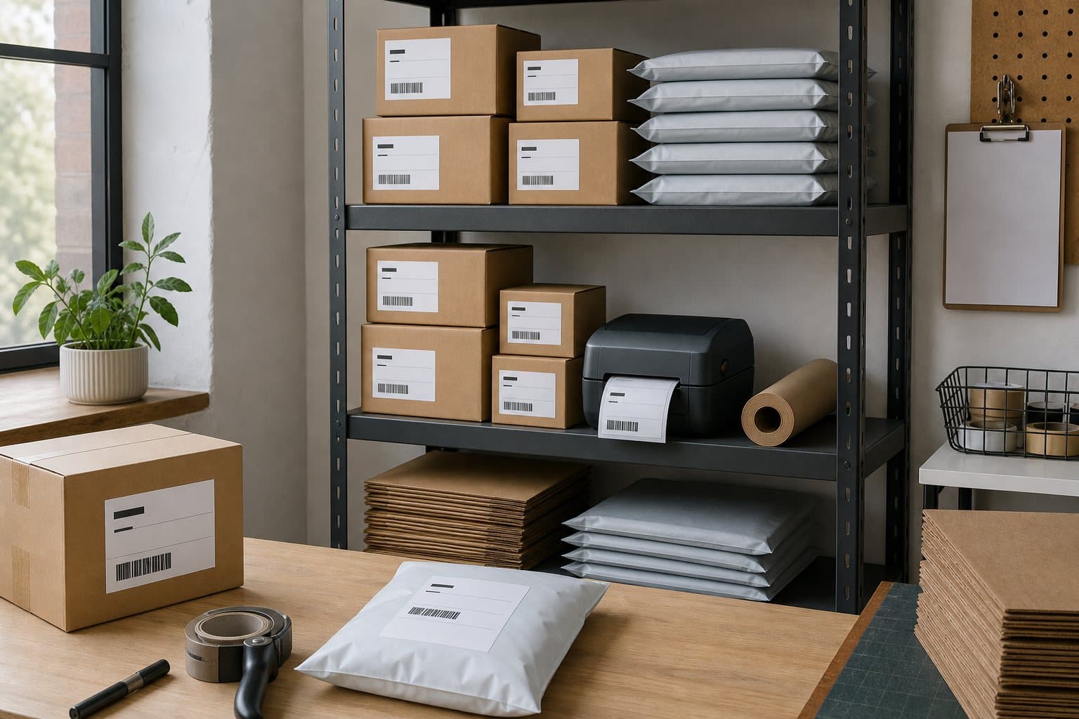 Shelves of packed boxes with shipping labels next to a label printer